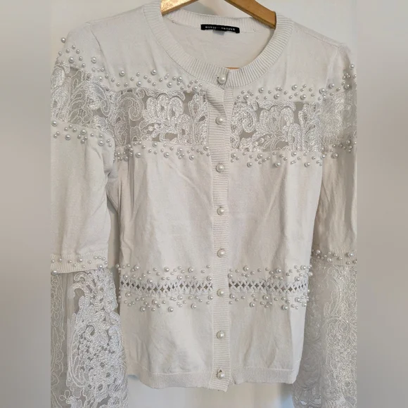 Boston Proper Pearl Embellished Lace Bell Sleeve Ivory Cardigan Sweater Small - Picture 5 of 14